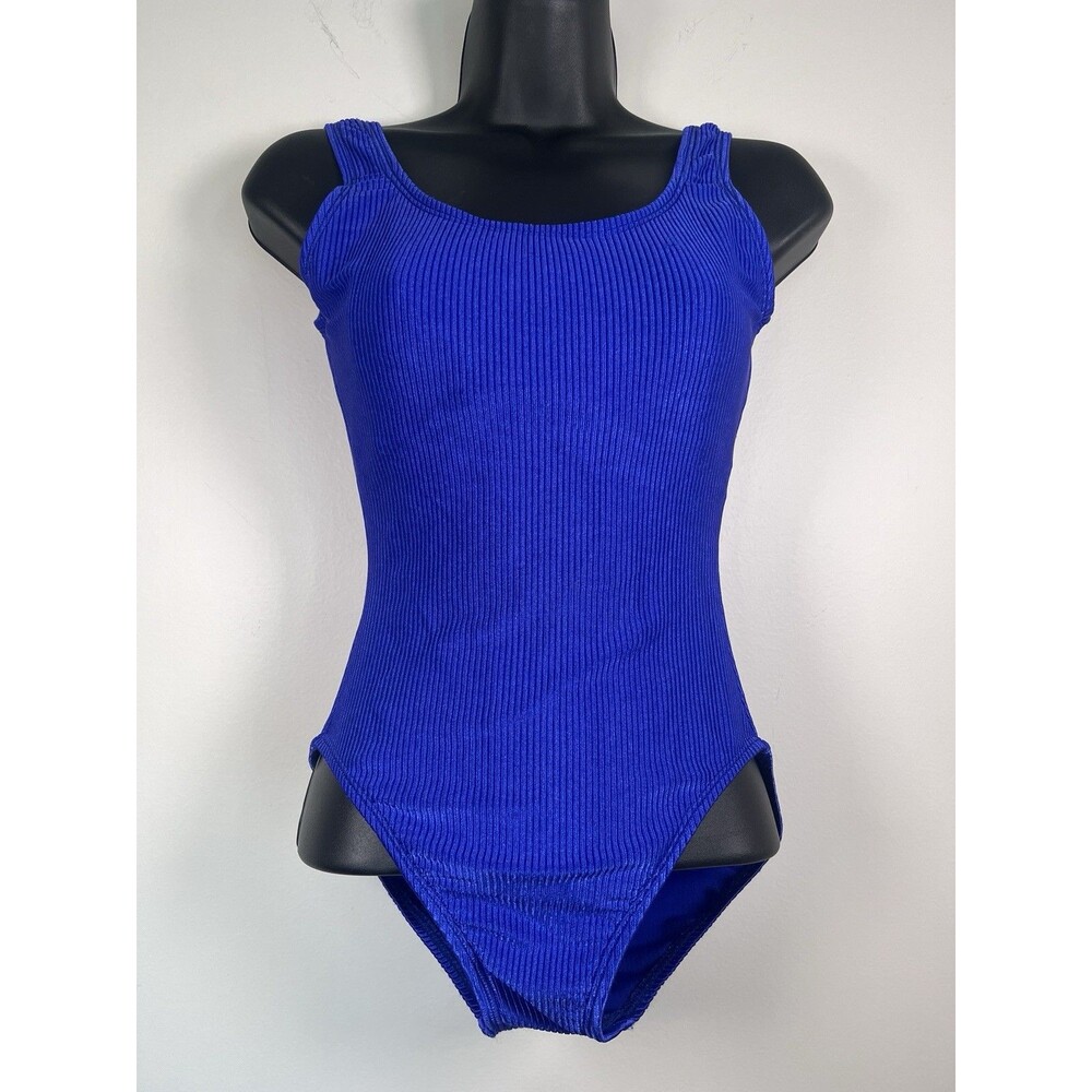 Vintage 90s Catalina Bright Blue Shiny Ribbed One Piece Swim/Body Suit Size 10